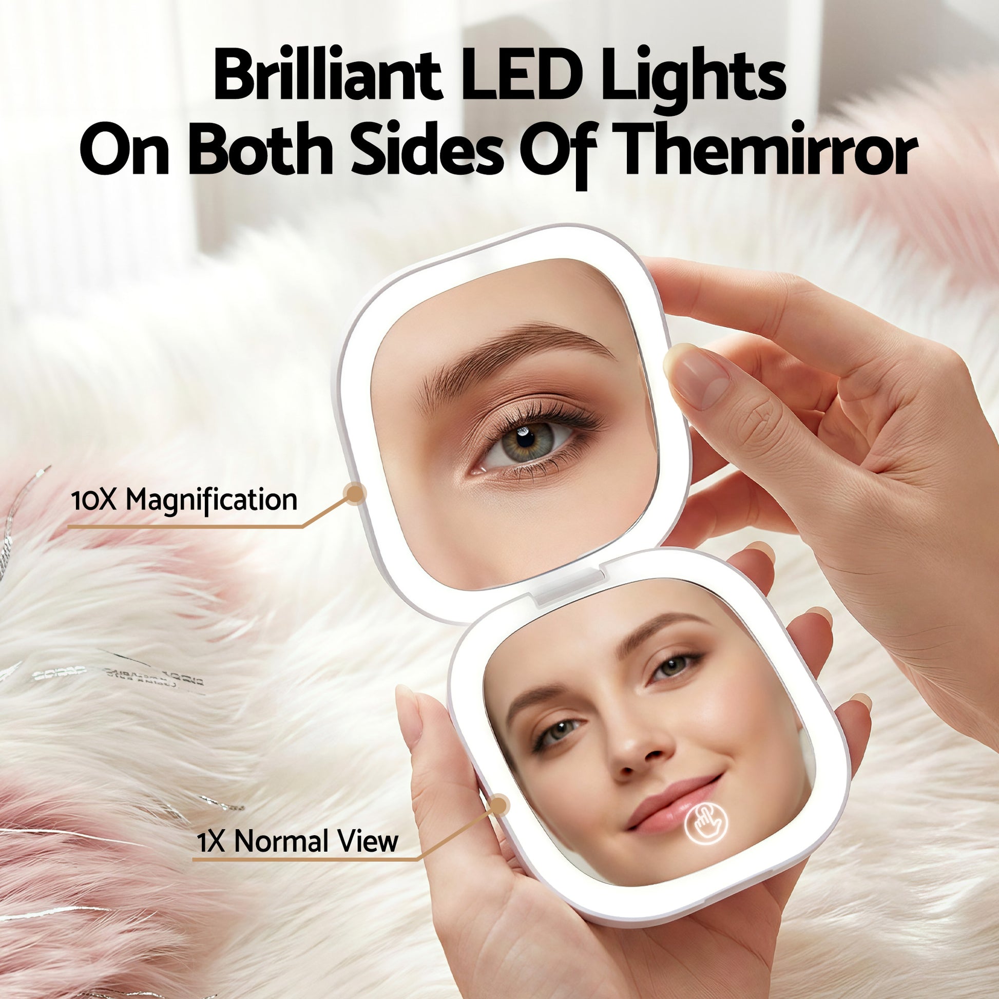 Embellir LED Compact Mirror Lighted Travel Makeup Mirror Pocket-Sized 1x 10x Magnification Square White MM-E-PORT-10X-SQLED-WH