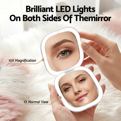 Embellir LED Compact Mirror Lighted Travel Makeup Mirror Pocket-Sized 1x 10x Magnification Square White MM-E-PORT-10X-SQLED-WH