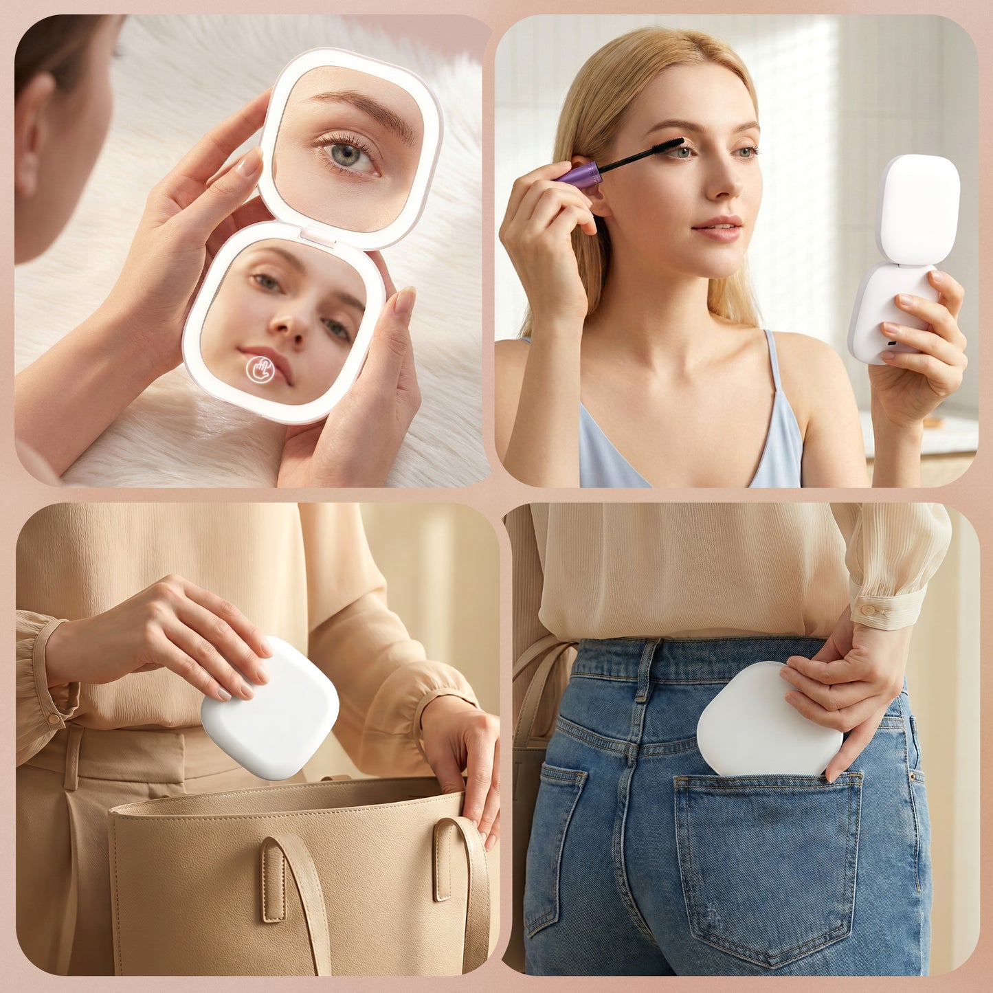 Embellir LED Compact Mirror Lighted Travel Makeup Mirror Pocket-Sized 1x 10x Magnification Square White MM-E-PORT-10X-SQLED-WH