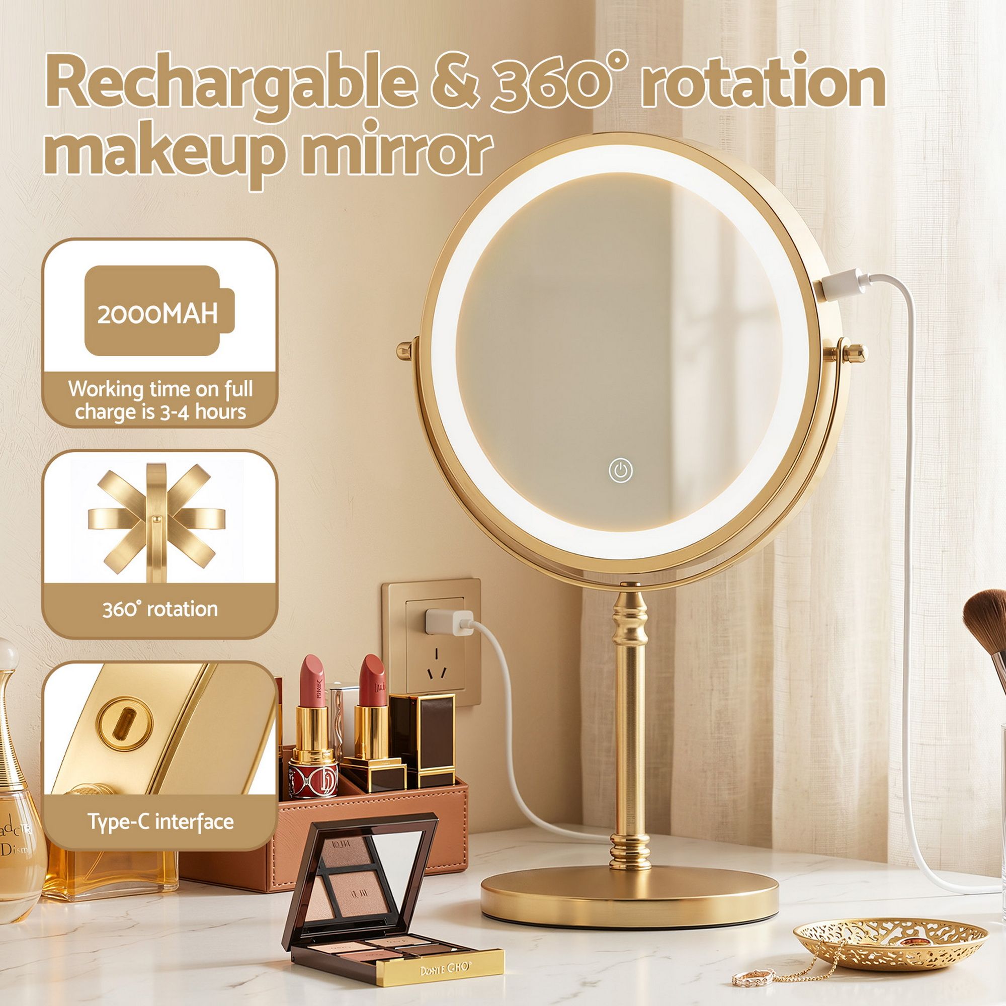 Embellir Lighted Makeup Mirror Rotation 10X Magnifying Double Sided Tabletop Gold MM-E-STAND-10X-LED-7IN-GD