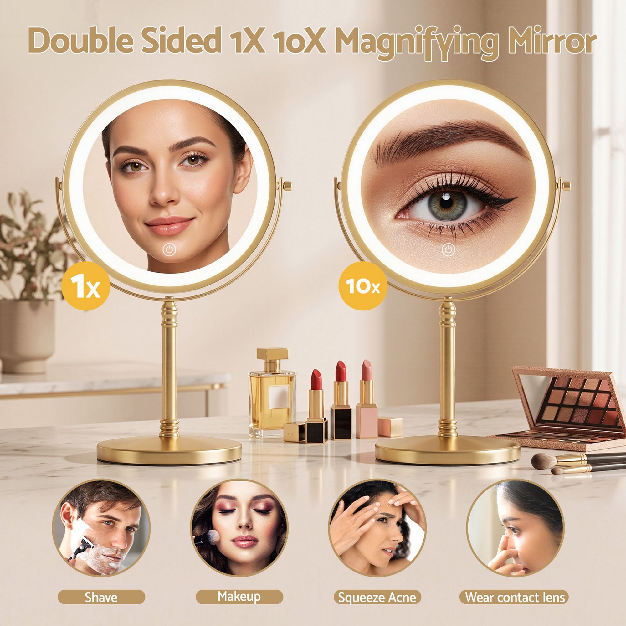 Embellir Lighted Makeup Mirror Rotation 10X Magnifying Double Sided Tabletop Gold MM-E-STAND-10X-LED-7IN-GD
