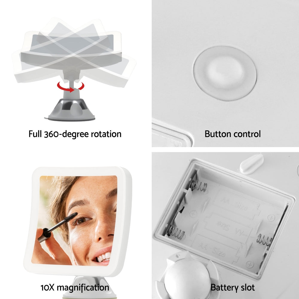 Embellir Makeup Mirror 10X Magnification LED Light Adjustable Rotation Cordless Suction Cup MM-E-STAND-10X-QUAD-WH