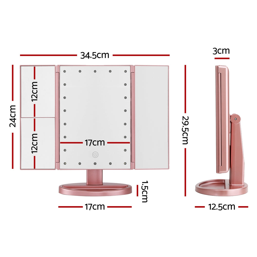 Embellir Tri-fold Makeup Mirror 1X2X3X Magnifying with LED Light Travel Portable Pink MM-E-TRI-3424LED-RGD