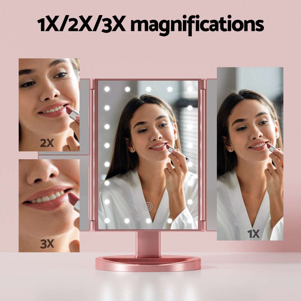 Embellir Tri-fold Makeup Mirror 1X2X3X Magnifying with LED Light Travel Portable Pink MM-E-TRI-3424LED-RGD