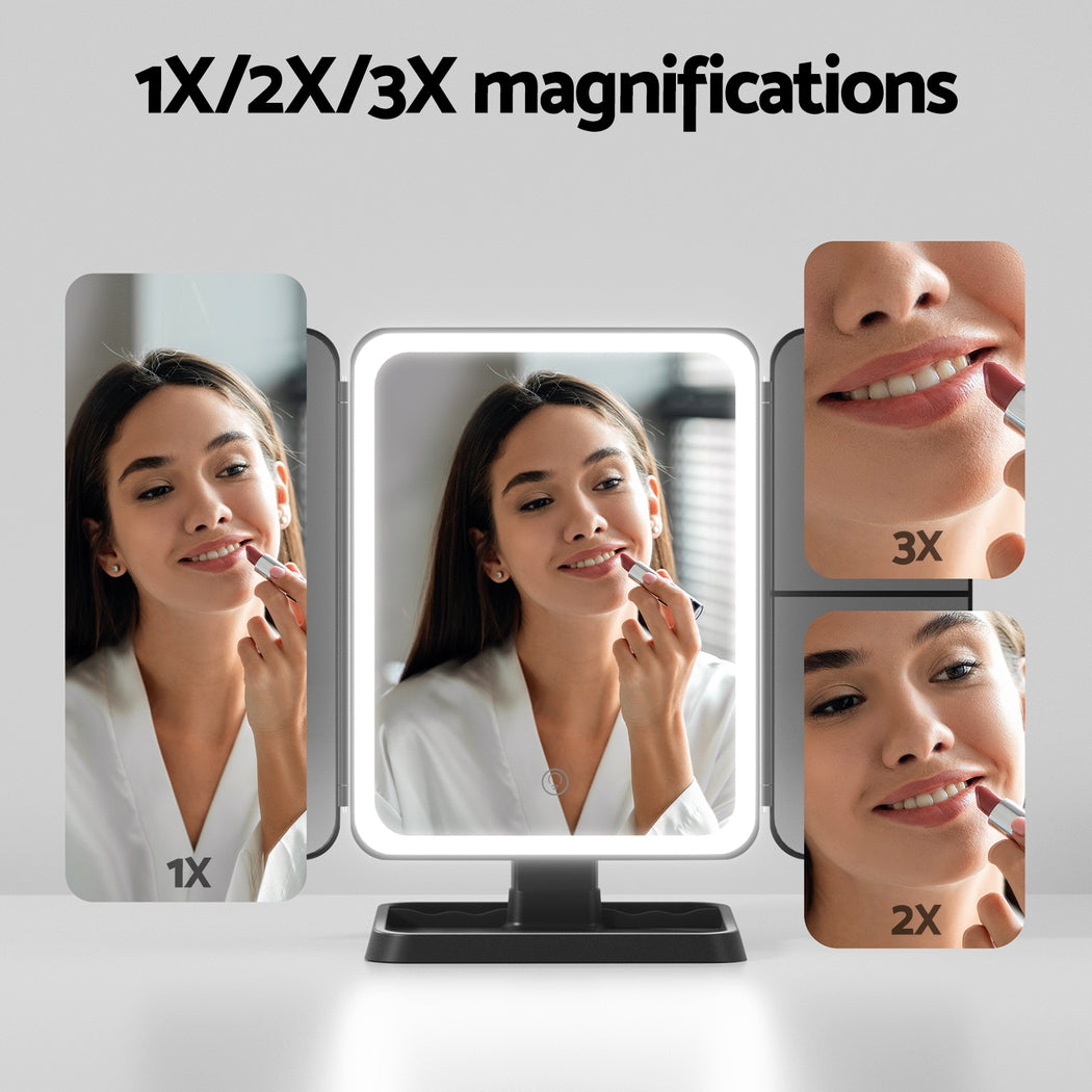 Embellir LED Makeup Mirror Tri-fold Lighted Vanity Mirrors 1X2X3X Magnifications MM-E-TRI-4030LED-BK