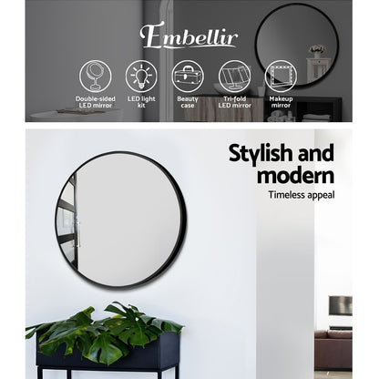 Embellir 2 Wall Mirror Makeup 50cm Home Decor Framed Mirrors Bathroom Round Black MM-E-WALL-ROU-BK-50-X2