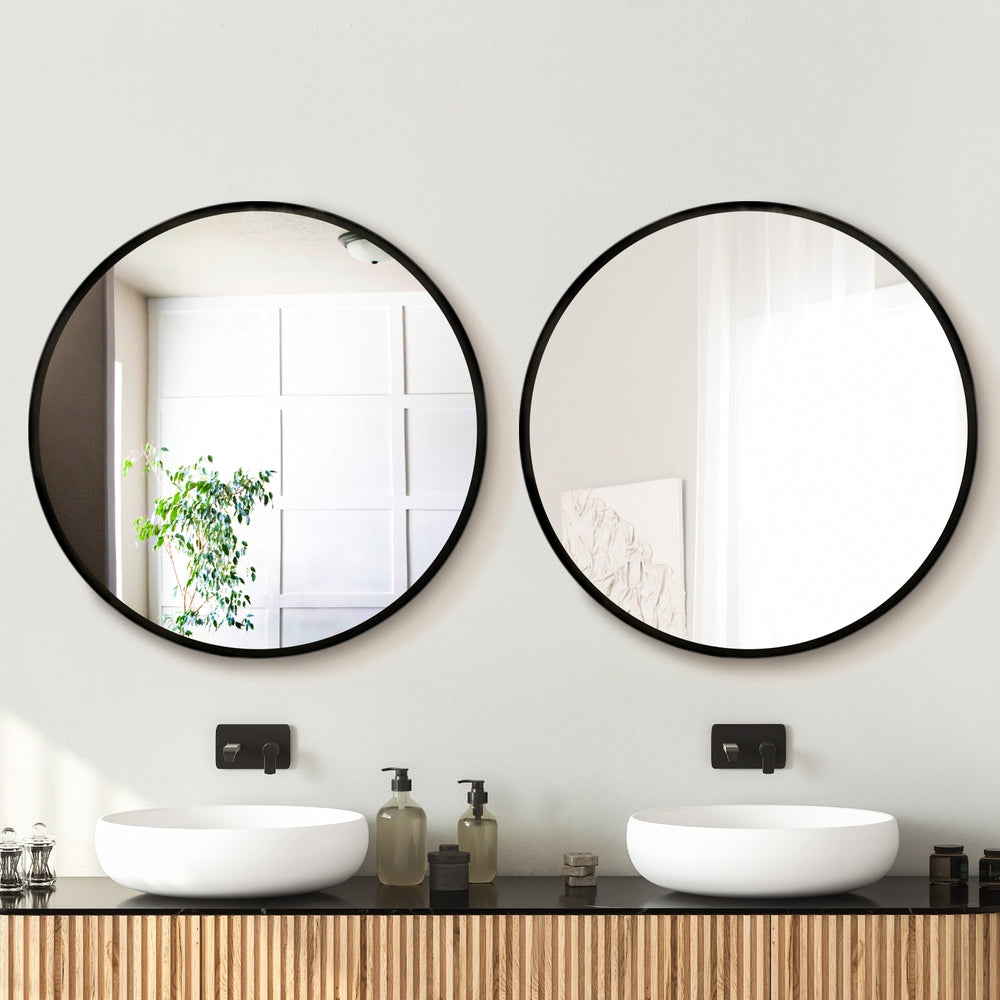 Embellir 2 Wall Mirror Makeup 80cm Home Decor Framed Mirrors Bathroom Round Black MM-E-WALL-ROU-BK-80-X2