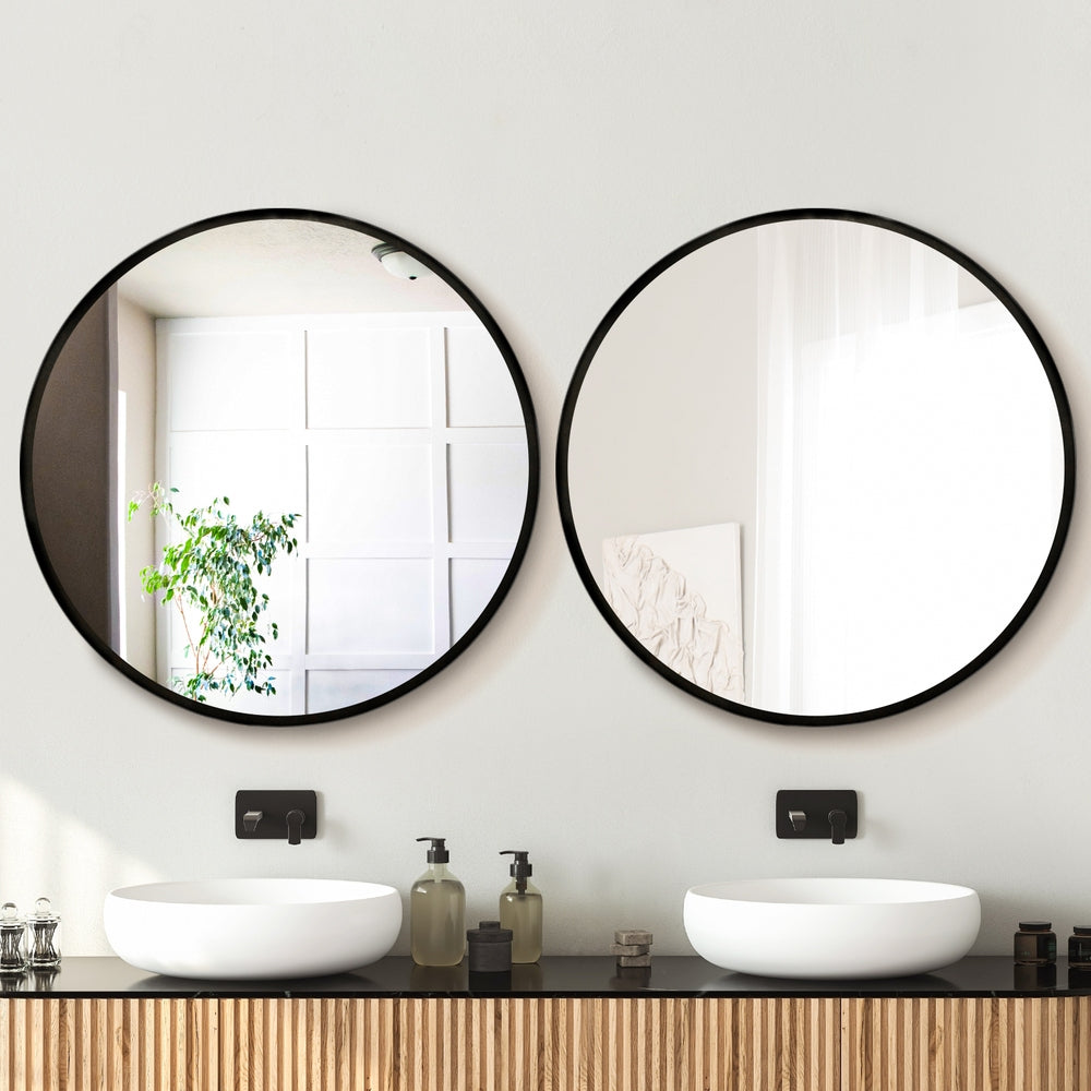 Embellir 2 Wall Mirror Makeup 90cm Home Decor Framed Mirrors Bathroom Round Black MM-E-WALL-ROU-BK-90-X2