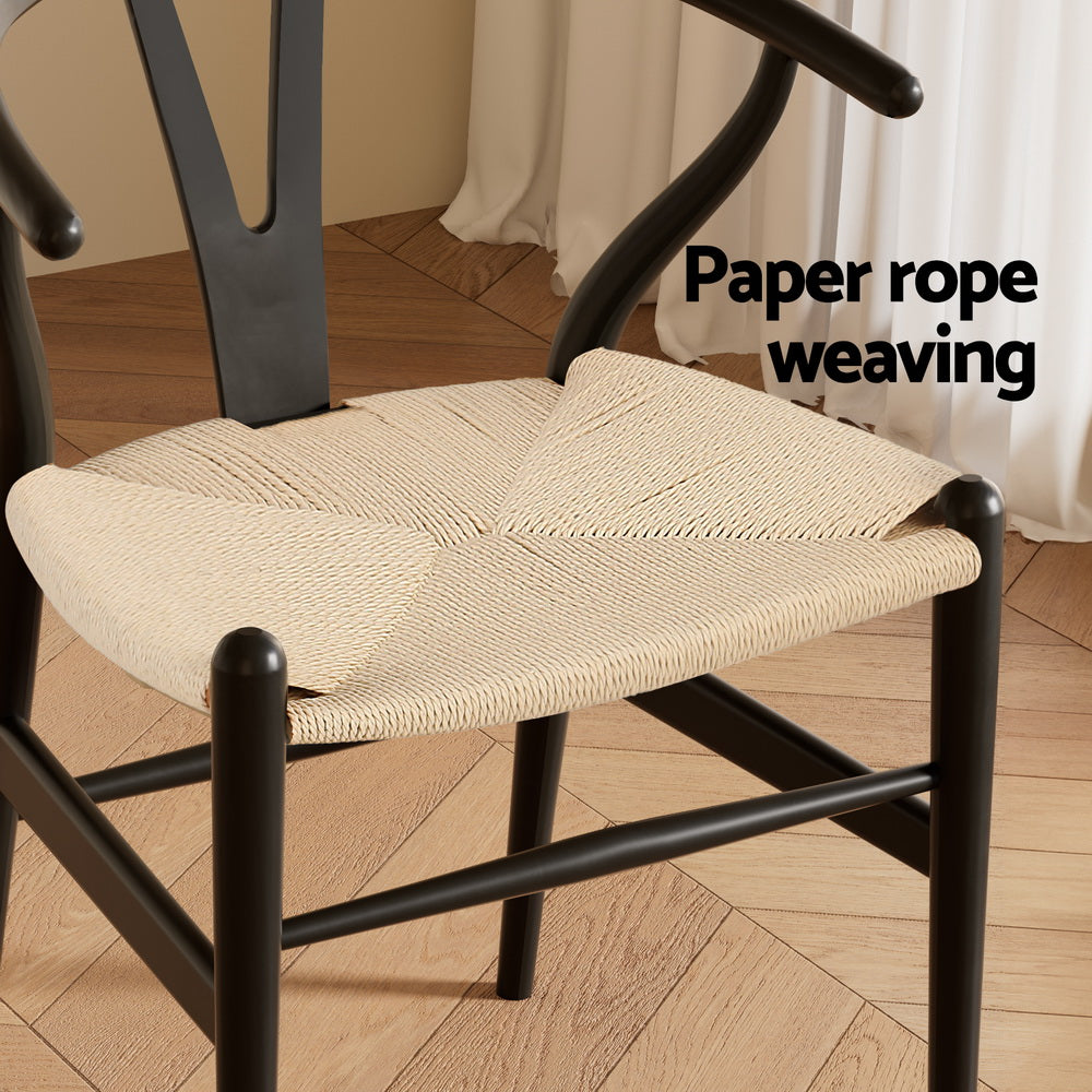 1x Artiss Dining Chair Wooden Rattan Wishbone Black MO-DIN-B-01-RAT-BK