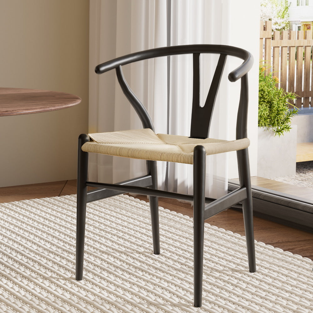 1x Artiss Dining Chair Wooden Rattan Wishbone Black MO-DIN-B-01-RAT-BK