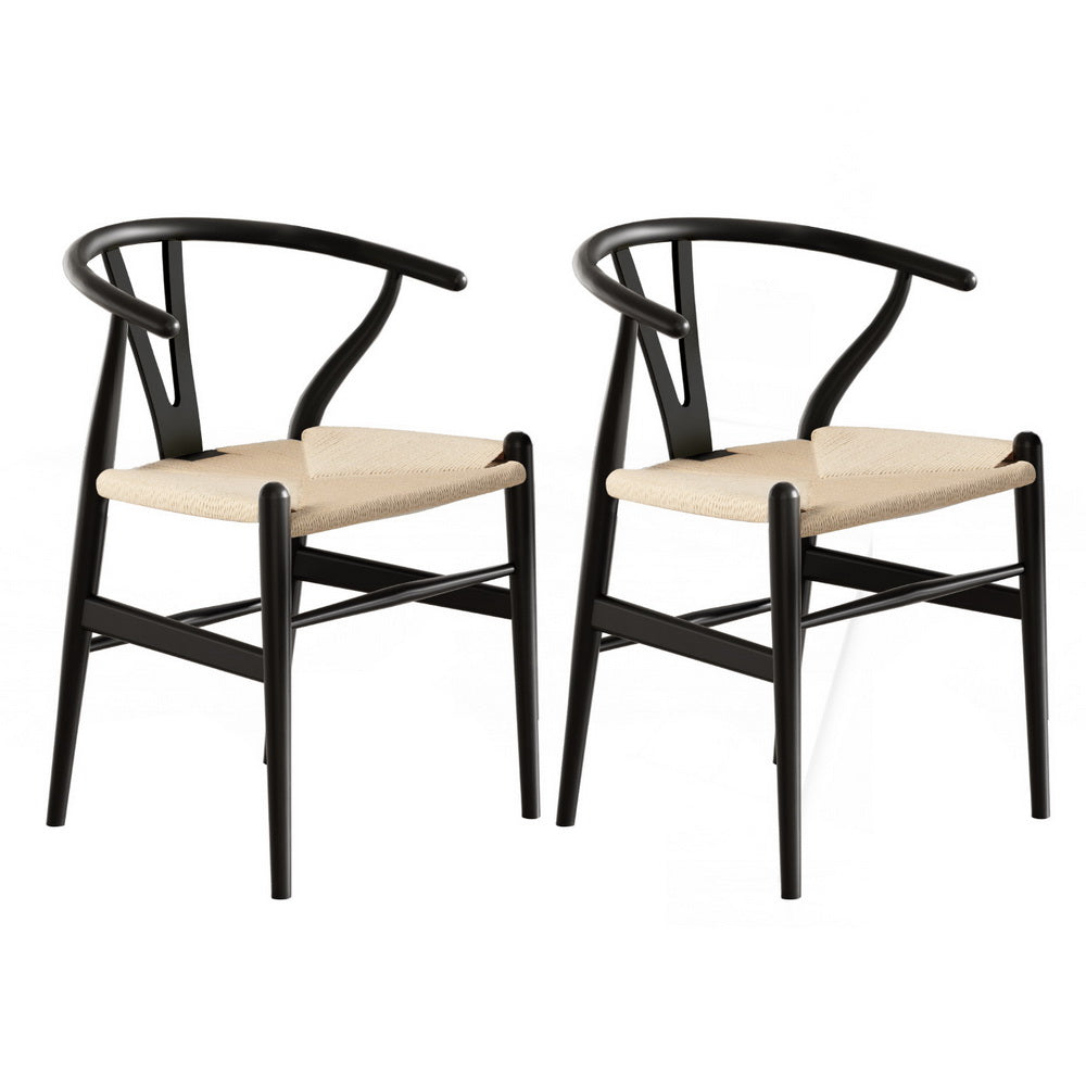 1 Set of 2 Artiss Dining Chairs Wooden Rattan Wishbone Black MO-DIN-B-01-RAT-BKX2