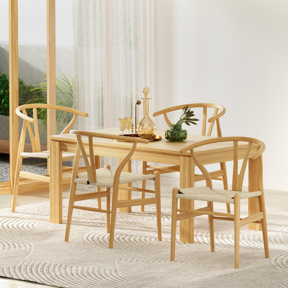 1 Set of 4 Artiss Dining Chairs Wooden Rattan Seat Wishbone Back MO-DIN-B-01-RAT-WDX4