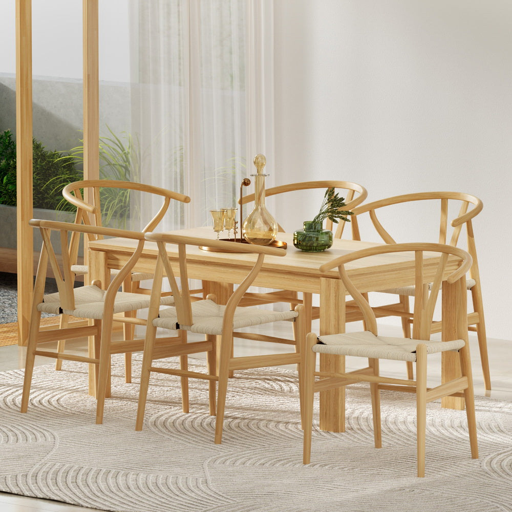 1 Set of 6 Artiss Dining Chairs Wooden Rattan Seat Wishbone Back MO-DIN-B-01-RAT-WDX6