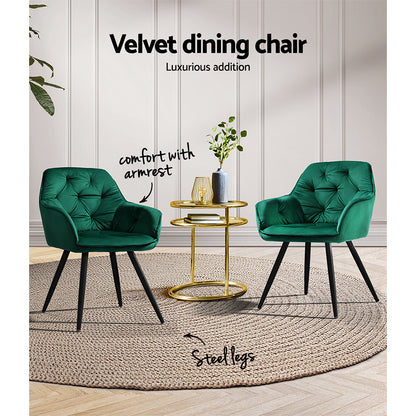Artiss Dining Chairs Set of 2 Velvet Diamond Tufted Armchair Green MO-DIN-GRS058-VEL-GNX2