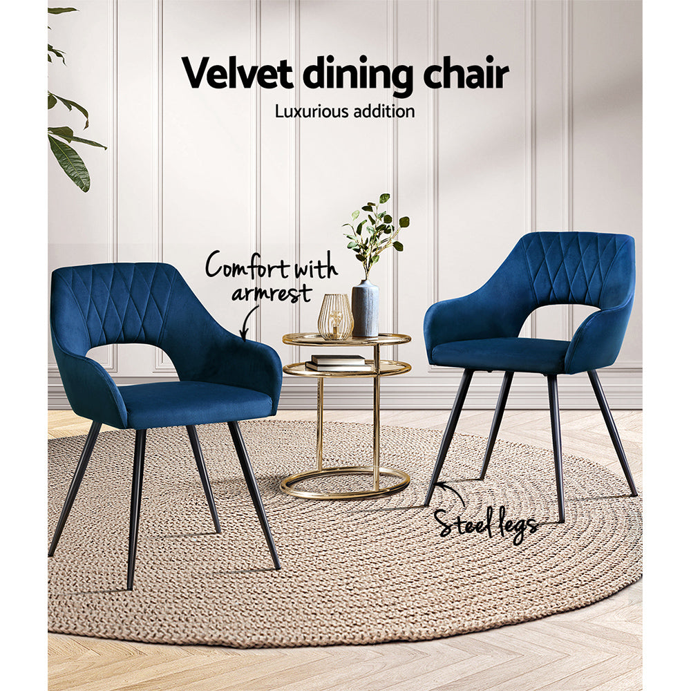 Artiss Dining Chairs Set of 2 Velvet Hollow Armchair Blue MO-DIN-KJC115-VEL-NAX2