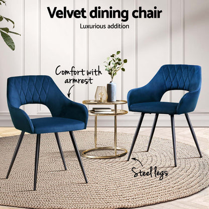 Artiss Dining Chairs Set of 4 Velvet Hollow Armchair Blue MO-DIN-KJC115-VEL-NAX4