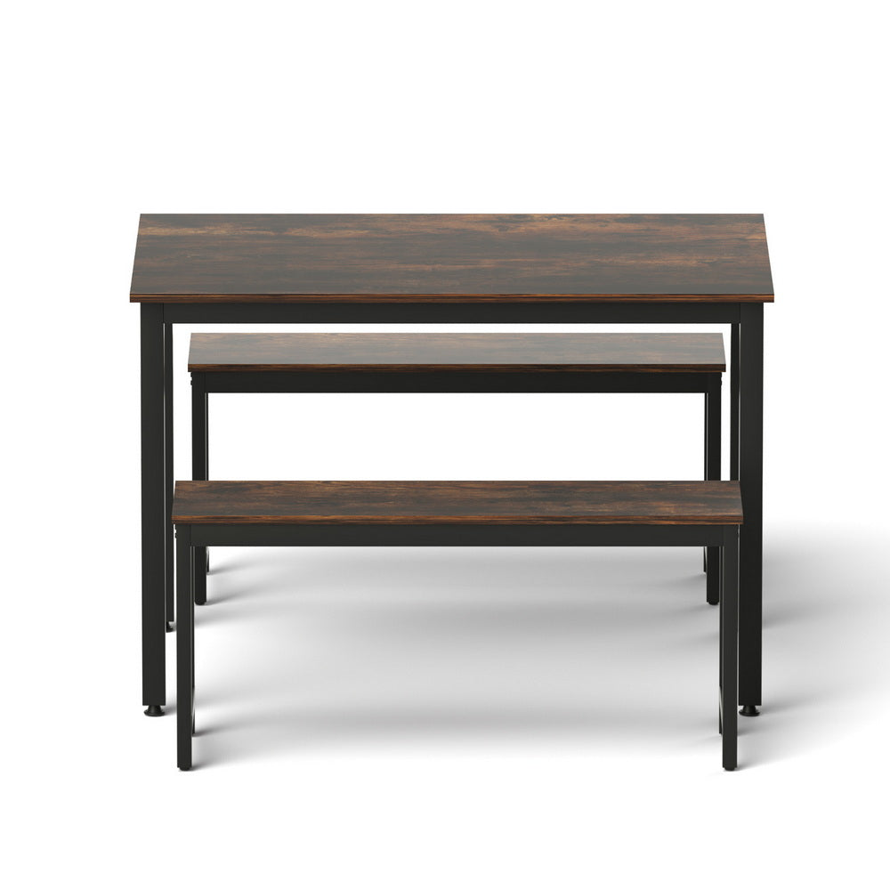 Artiss Dining Table and Chairs Set 3PCS Kitchen Metal Desk Bench Dark Walnut MO-DIN-SET-01-BKBR-AB