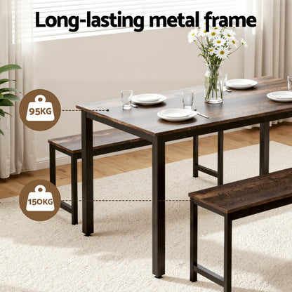 Artiss Dining Table and Chairs Set 3PCS Kitchen Metal Desk Bench Dark Walnut MO-DIN-SET-01-BKBR-AB