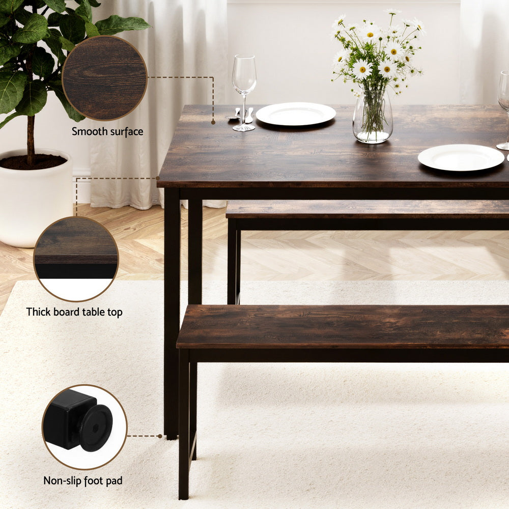 Artiss Dining Table and Chairs Set 3PCS Kitchen Metal Desk Bench Dark Walnut MO-DIN-SET-01-BKBR-AB