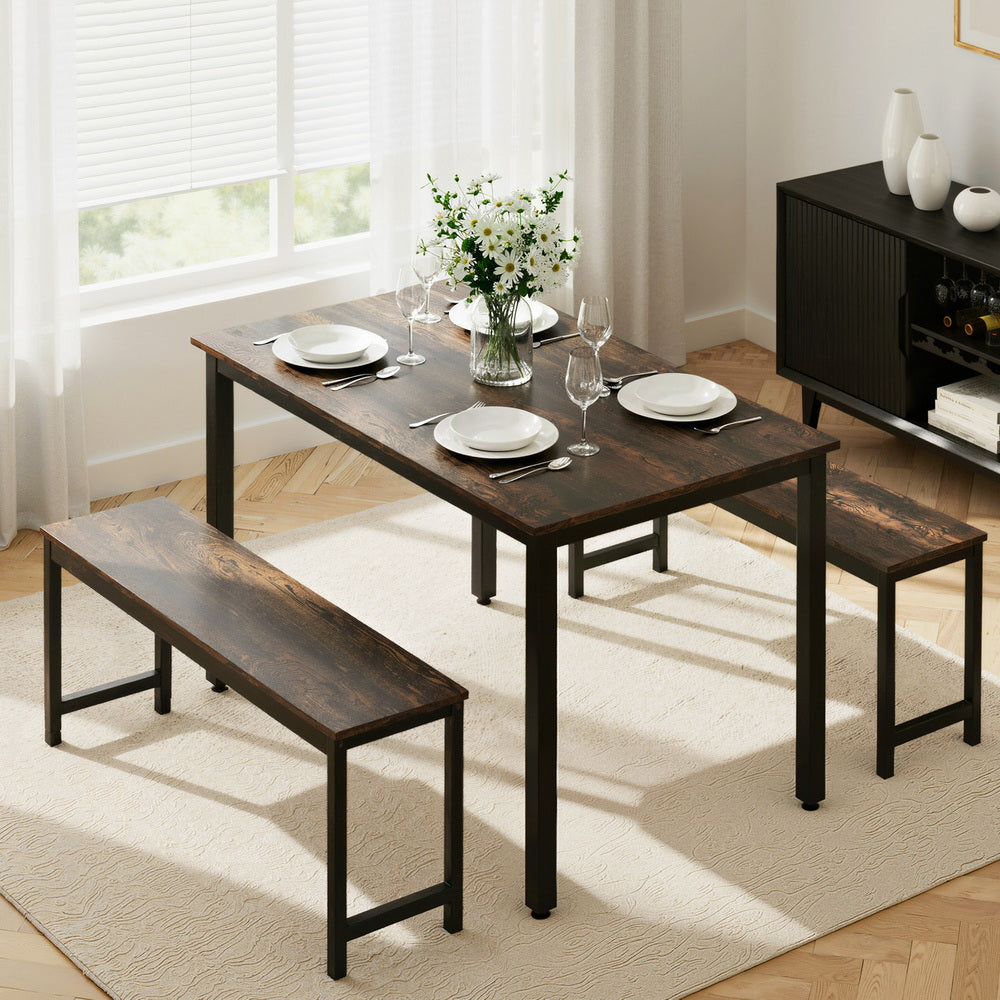 Artiss Dining Table and Chairs Set 3PCS Kitchen Metal Desk Bench Dark Walnut MO-DIN-SET-01-BKBR-AB
