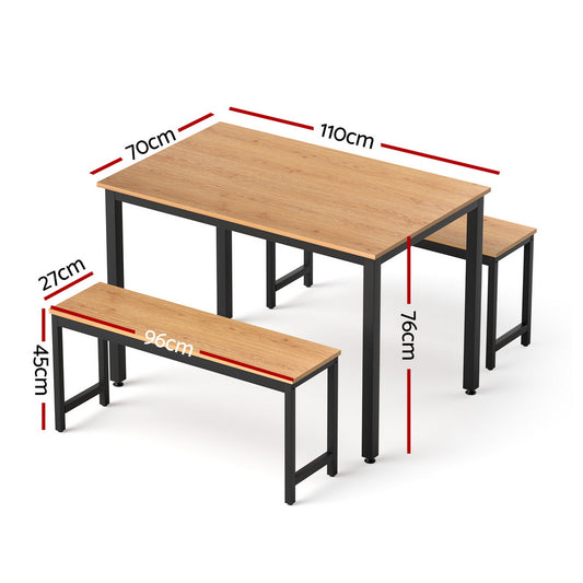 Artiss Dining Table and Chairs Set 3PCS Kitchen Metal Desk Bench Natural Oak MO-DIN-SET-01-BKWD-AB
