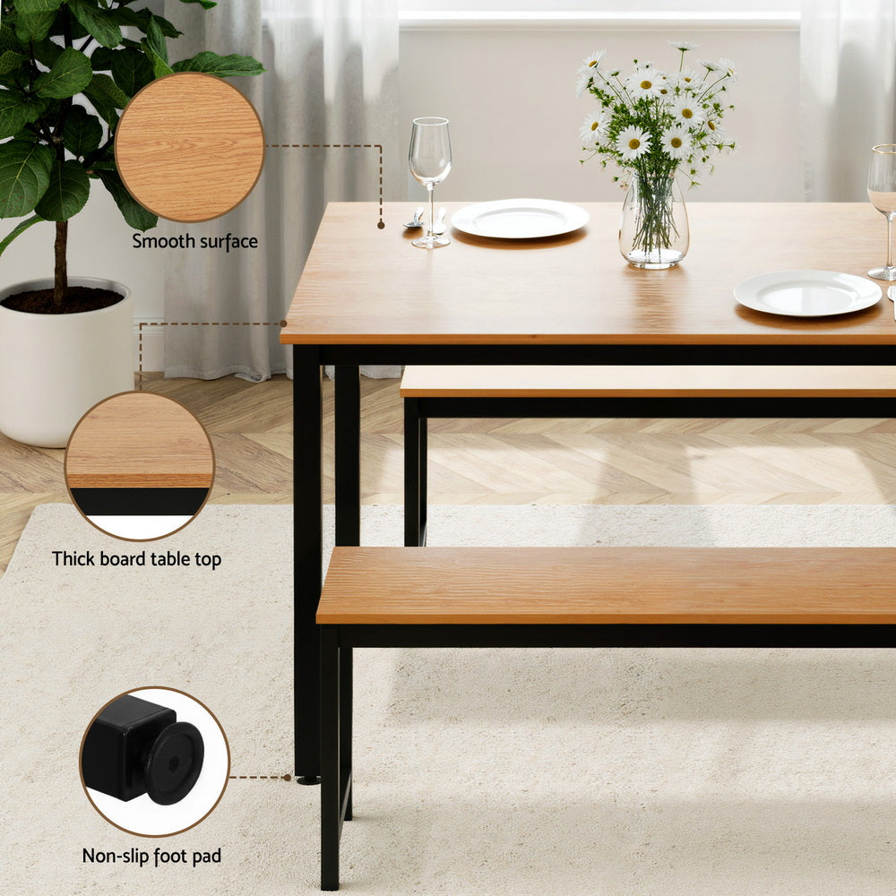 Artiss Dining Table and Chairs Set 3PCS Kitchen Metal Desk Bench Natural Oak MO-DIN-SET-01-BKWD-AB