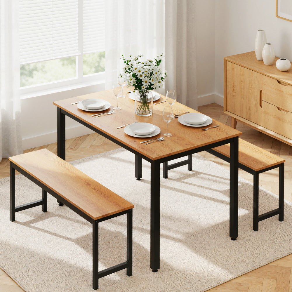 Artiss Dining Table and Chairs Set 3PCS Kitchen Metal Desk Bench Natural Oak MO-DIN-SET-01-BKWD-AB