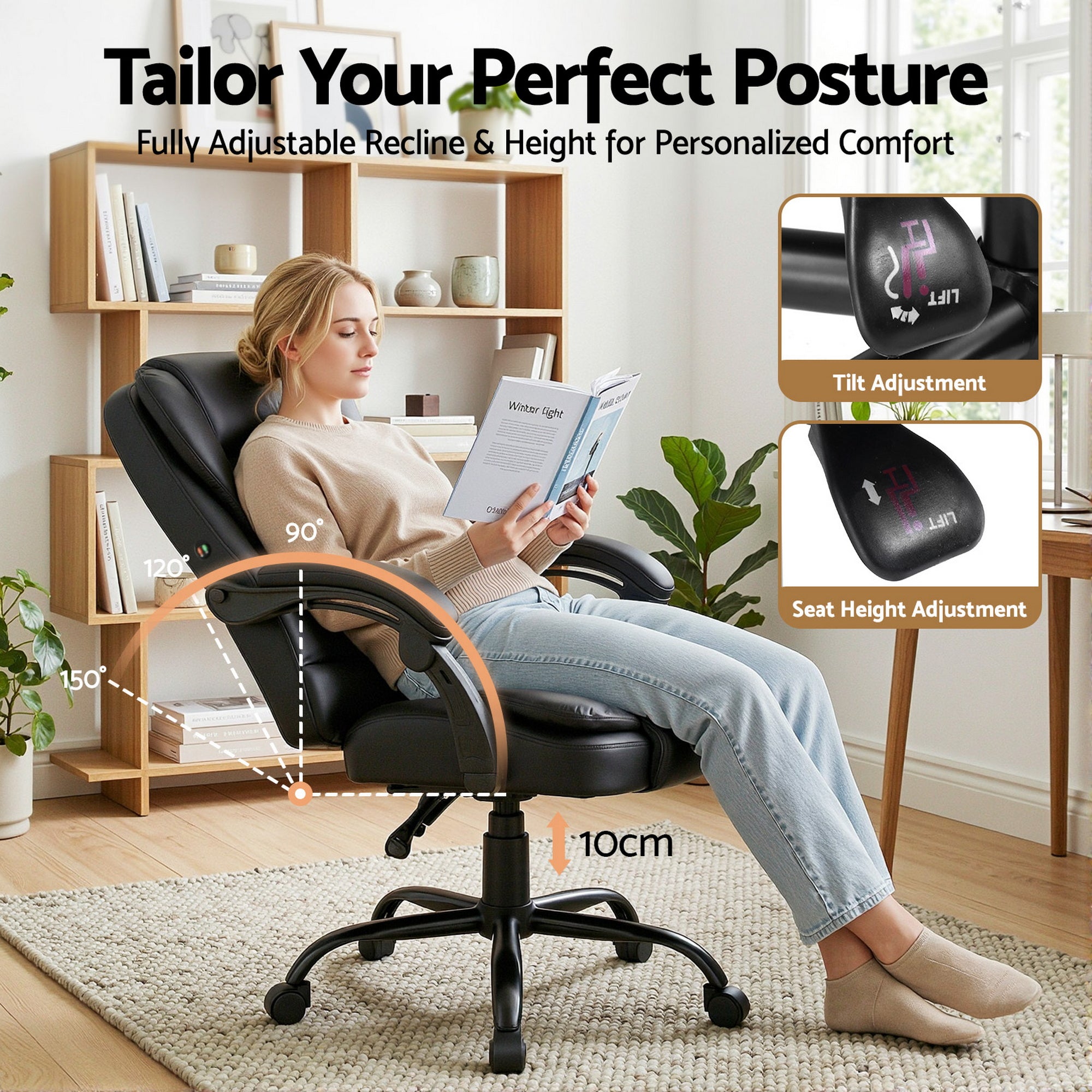 Artiss Massage Office Chair Executive Computer Gaming Chairs Black PU Leather MOC-09M-2P-BK