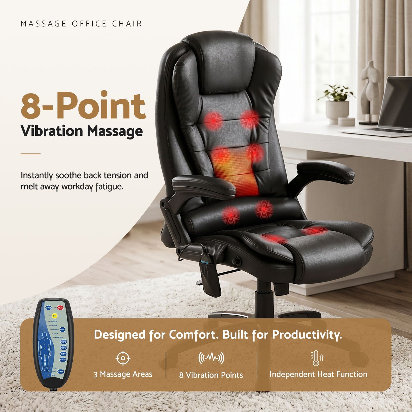 Artiss 8 Point Massage Office Chair Heated Seat Recliner PU Black MOC-09M-BK