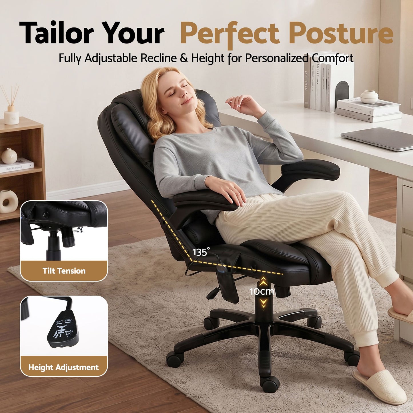Artiss 8 Point Massage Office Chair Heated Seat Recliner PU Black MOC-09M-BK