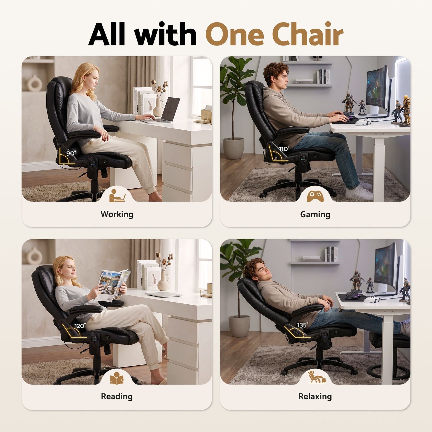 Artiss 8 Point Massage Office Chair Heated Seat Recliner PU Black MOC-09M-BK