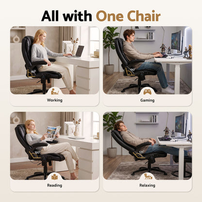 Artiss 8 Point Massage Office Chair Heated Seat Recliner PU Black MOC-09M-BK