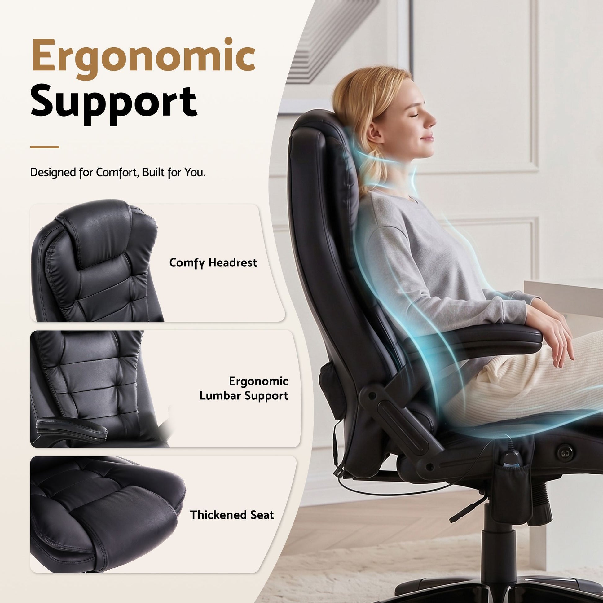 Artiss 8 Point Massage Office Chair Heated Seat Recliner PU Black MOC-09M-BK