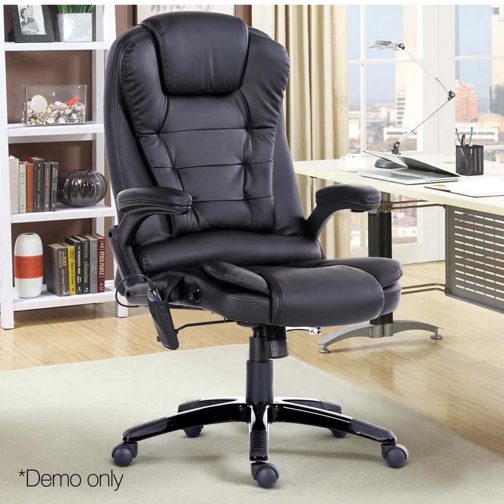 Artiss 8 Point Massage Office Chair Heated Seat Recliner PU Black MOC-09M-BK