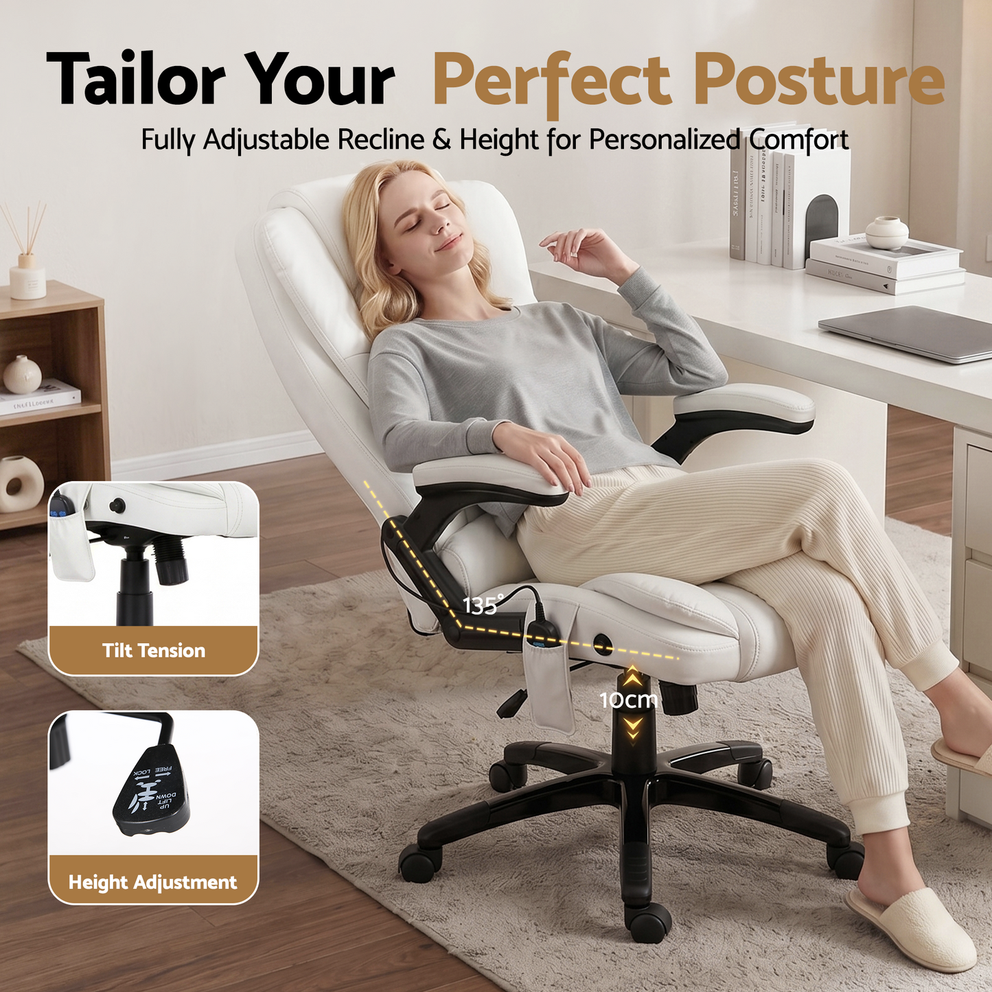 Artiss 8 Point Massage Office Chair Heated Seat Recliner PU White MOC-09M-WH