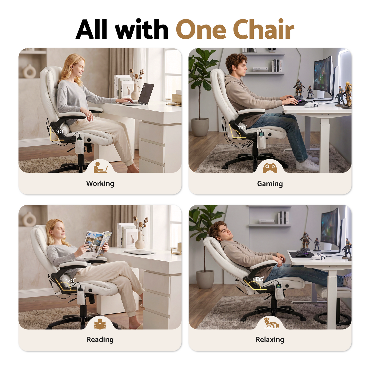 Artiss 8 Point Massage Office Chair Heated Seat Recliner PU White MOC-09M-WH