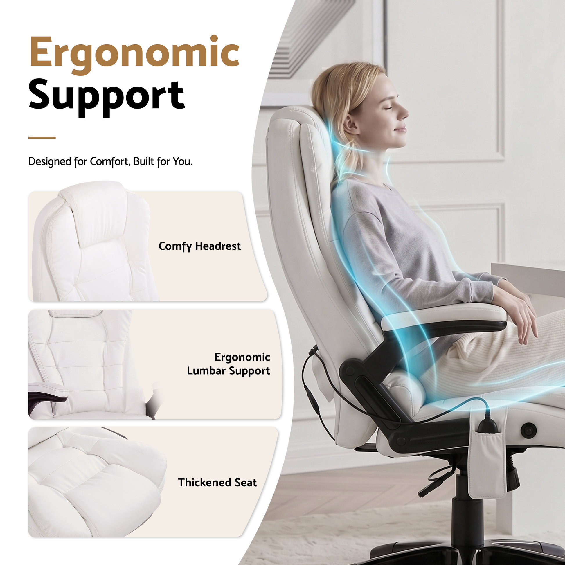 Artiss 8 Point Massage Office Chair Heated Seat Recliner PU White MOC-09M-WH