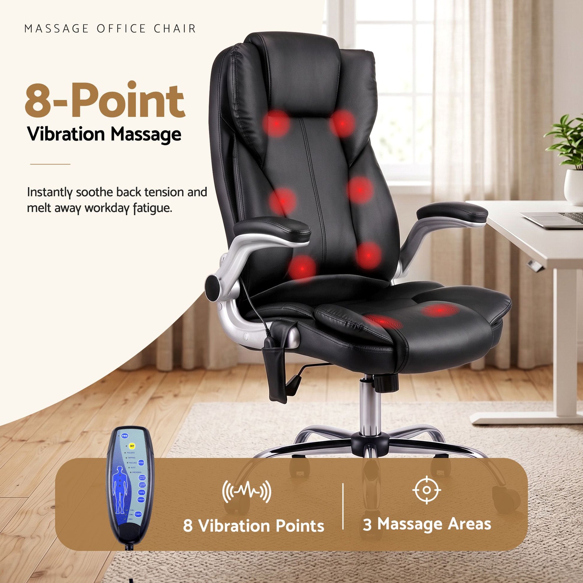Artiss 8 Point Massage Office Chair PU Leather Black MOC-1223-BK