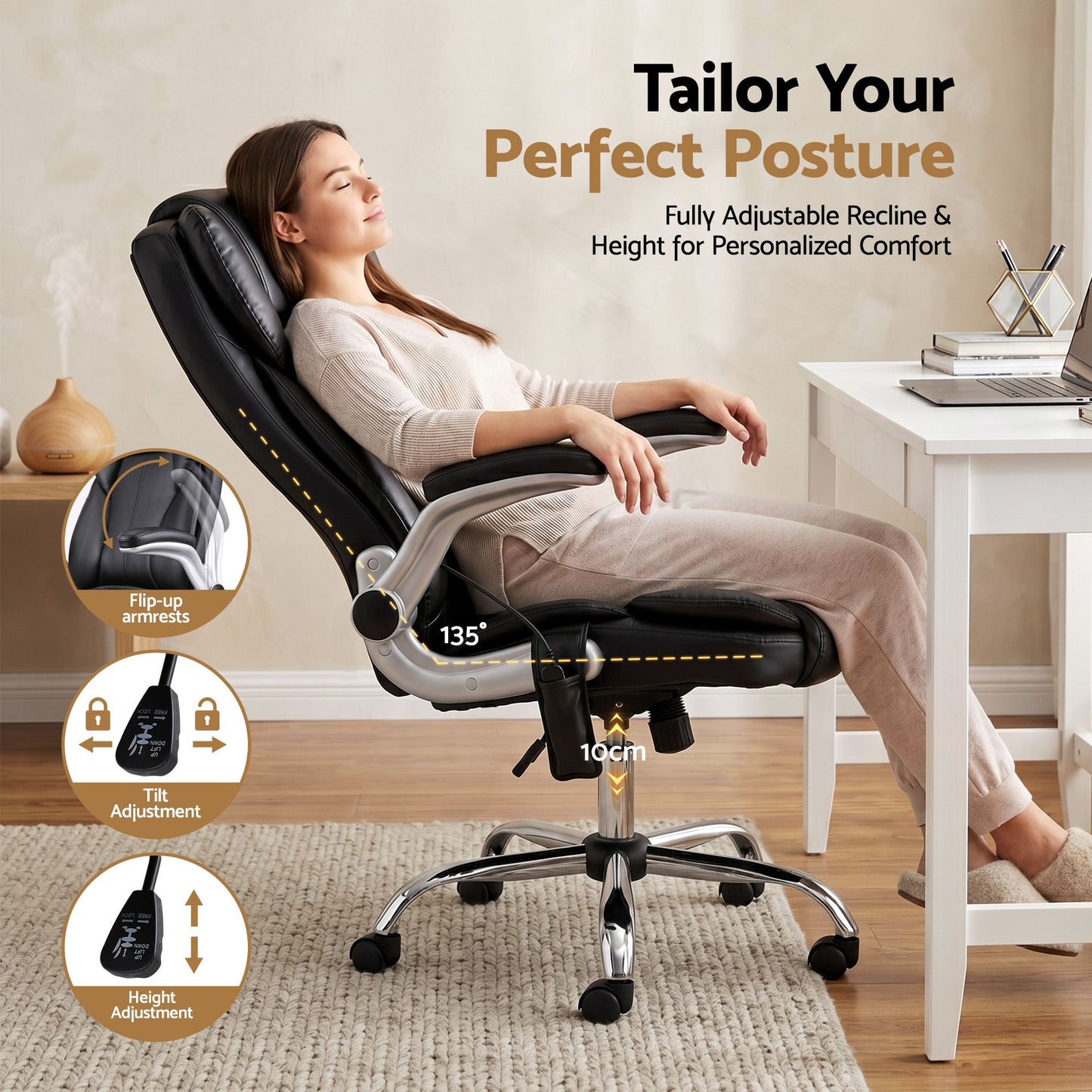 Artiss 8 Point Massage Office Chair PU Leather Black MOC-1223-BK