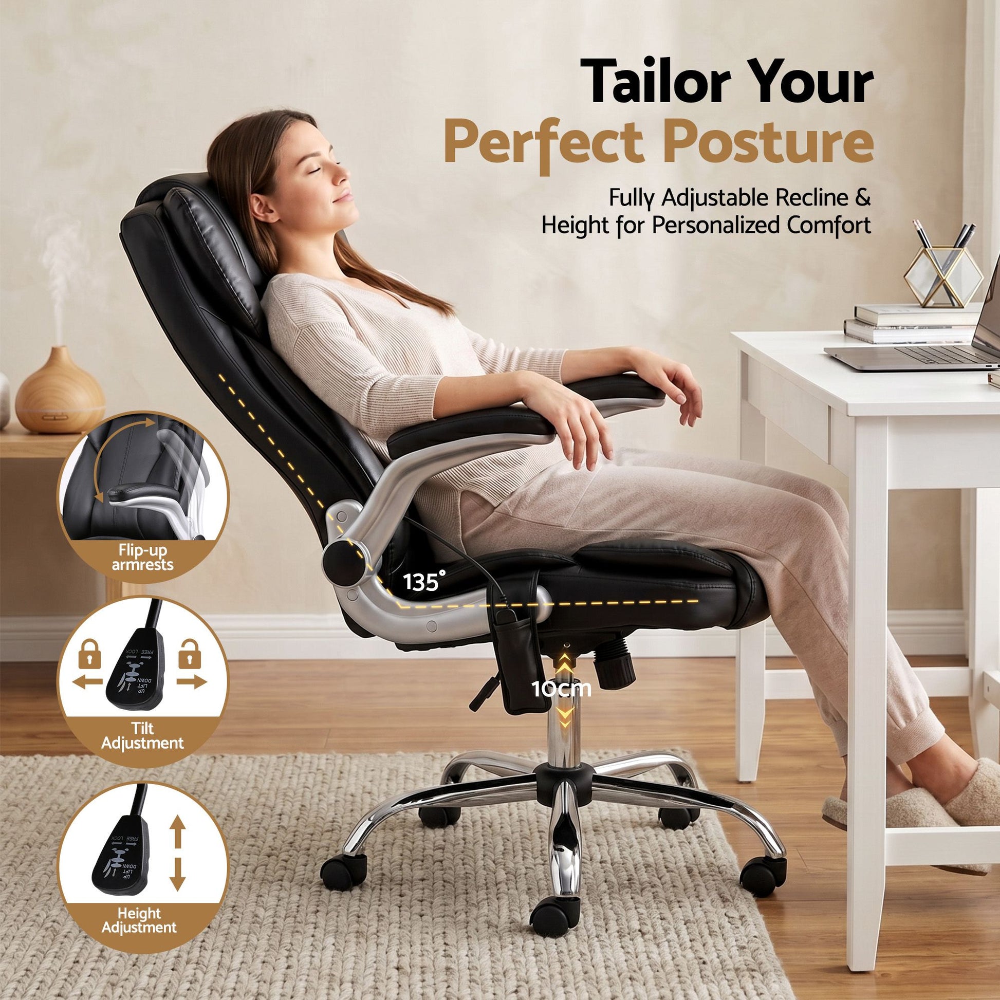 Artiss 8 Point Massage Office Chair PU Leather Black MOC-1223-BK