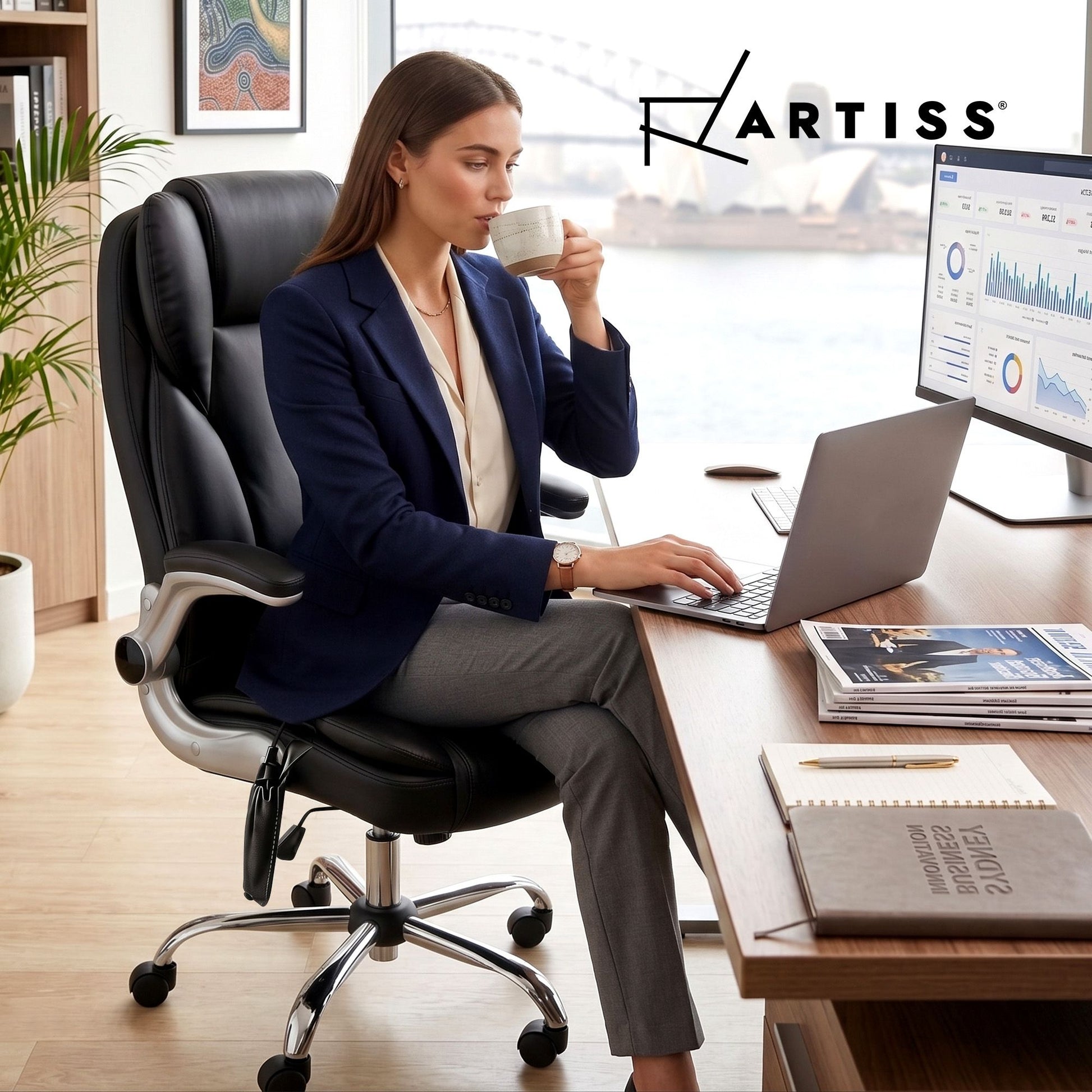 Artiss 8 Point Massage Office Chair PU Leather Black MOC-1223-BK