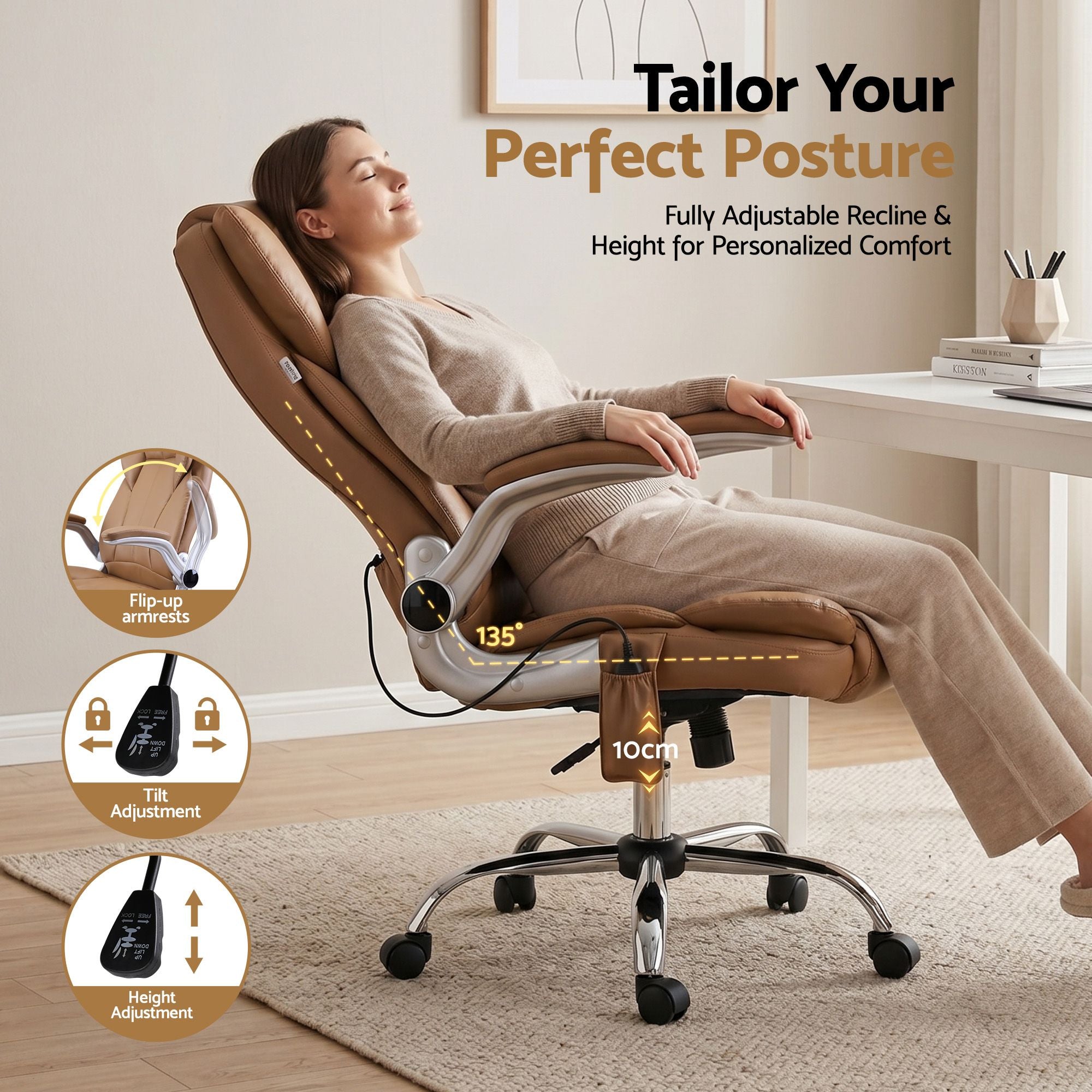 Artiss 8 Point Massage Office Chair PU Leather Brown MOC-1223-EP