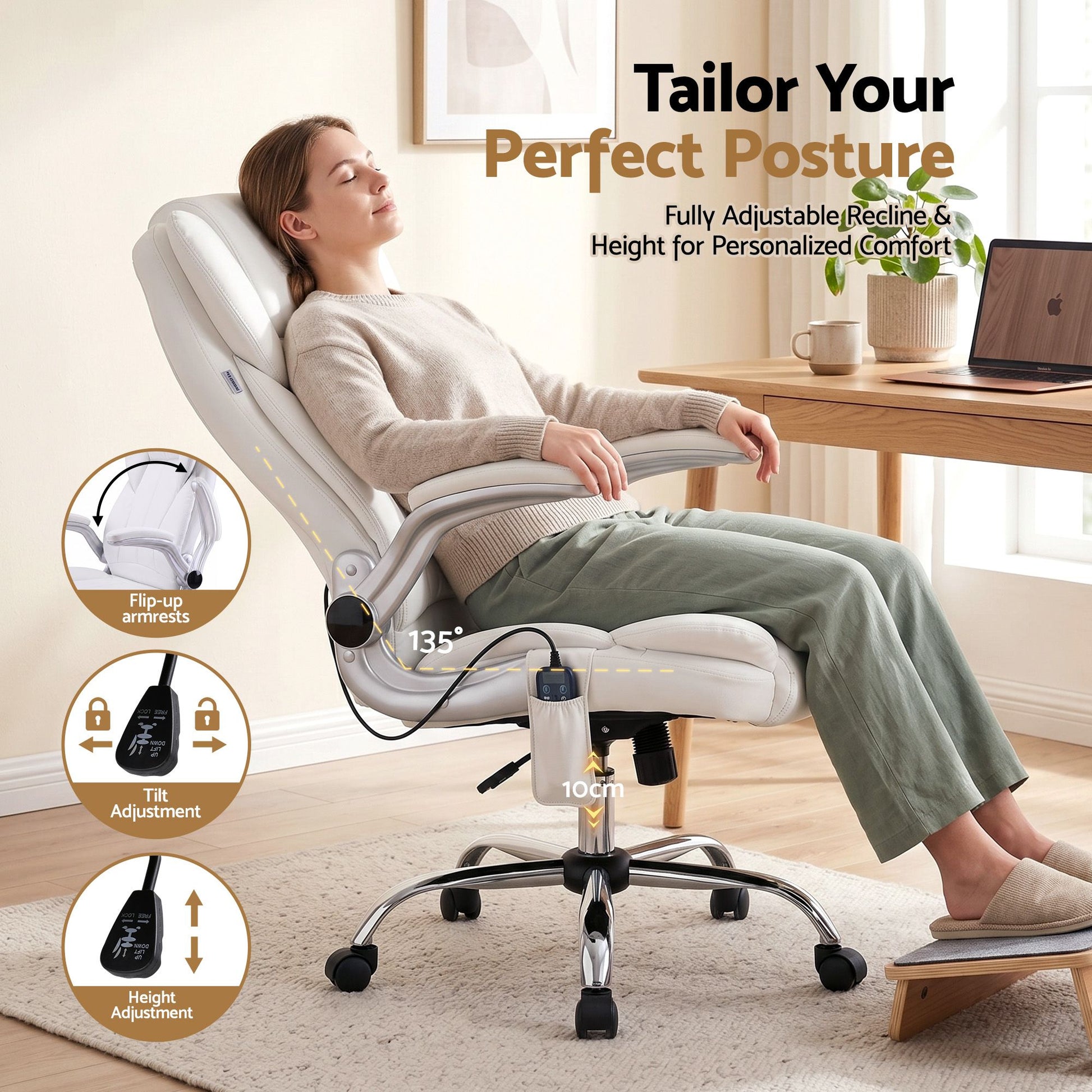 Artiss 8 Point Massage Office Chair PU Leather White MOC-1223-WH