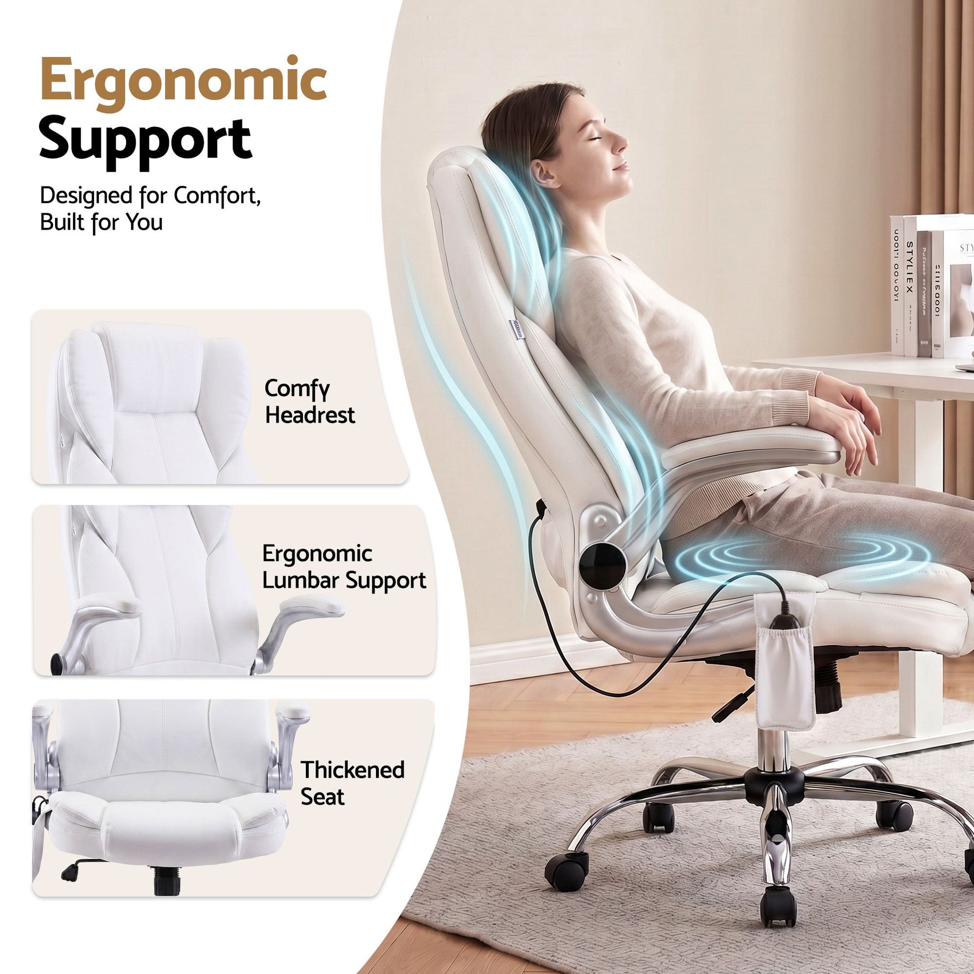 Artiss 8 Point Massage Office Chair PU Leather White MOC-1223-WH