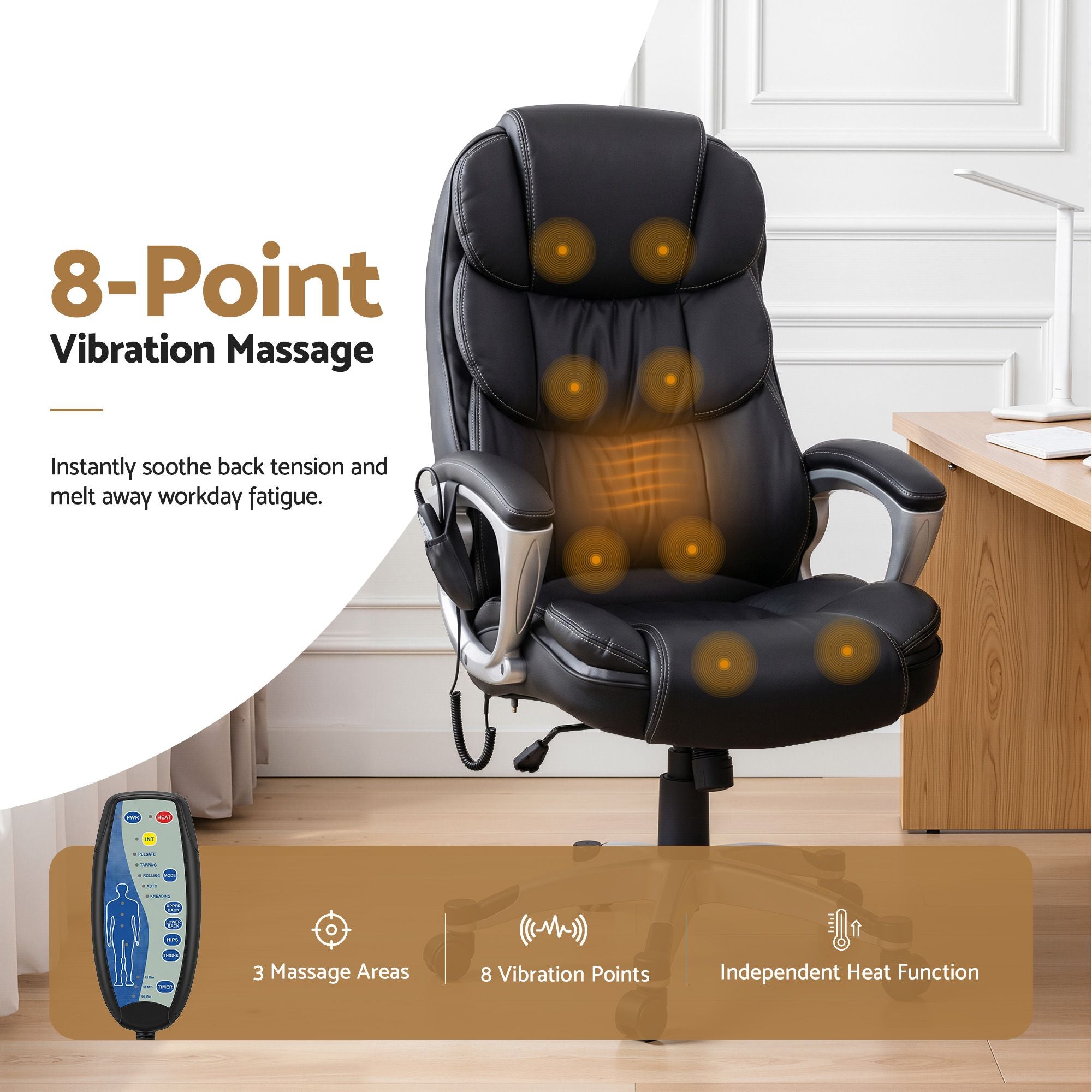 Artiss 8 Point Massage Office Chair Heated Seat PU Black MOC-1237M-BK