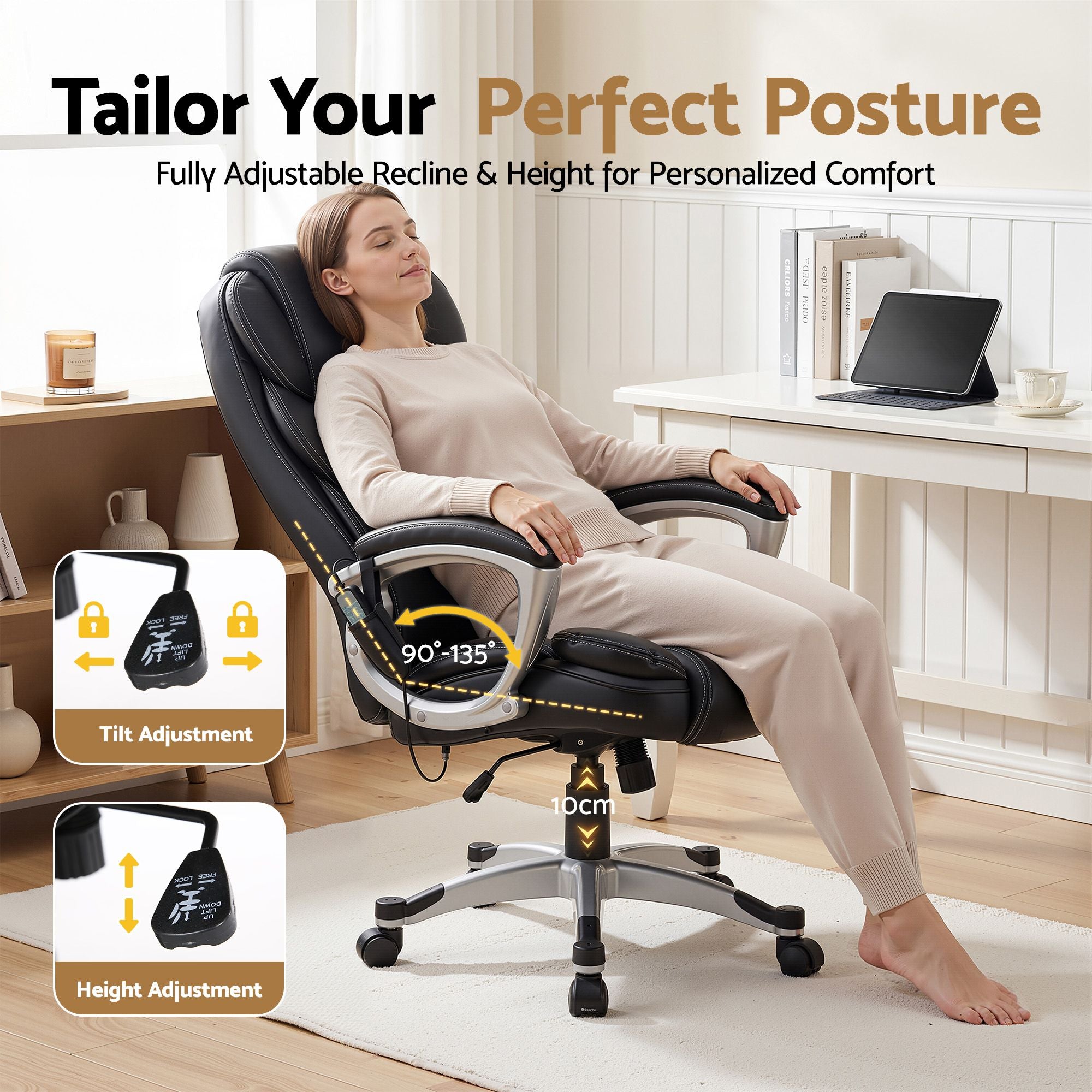 Artiss 8 Point Massage Office Chair Heated Seat PU Black MOC-1237M-BK