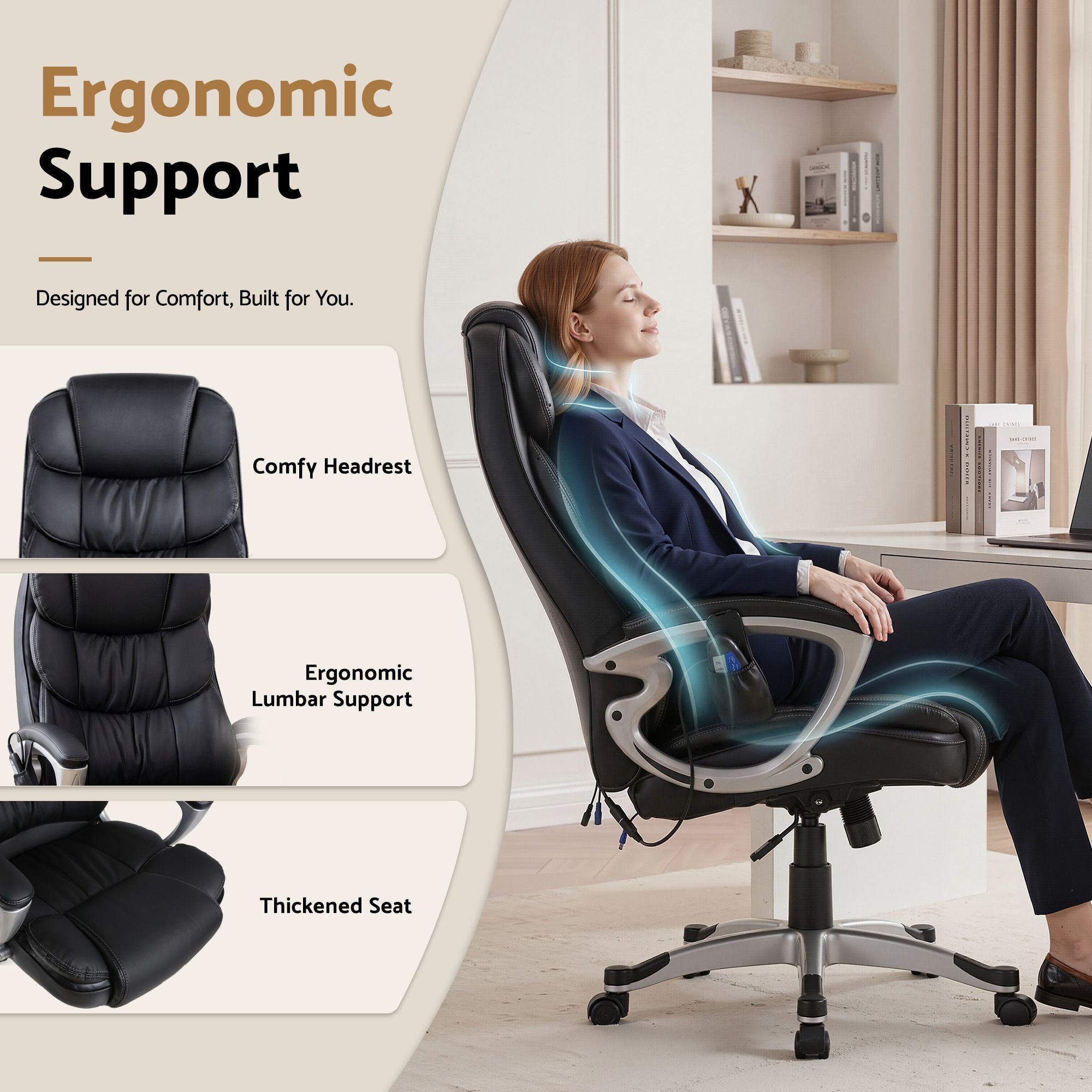Artiss 8 Point Massage Office Chair Heated Seat PU Black MOC-1237M-BK