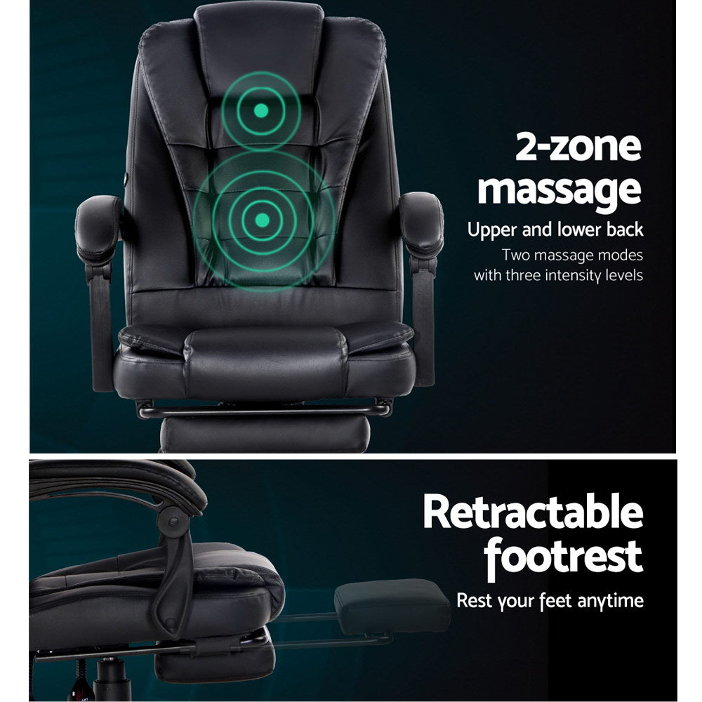 Artiss 2 Point Massage Office Chair PU Leather Footrest Black MOC-9MJ-2P-BK