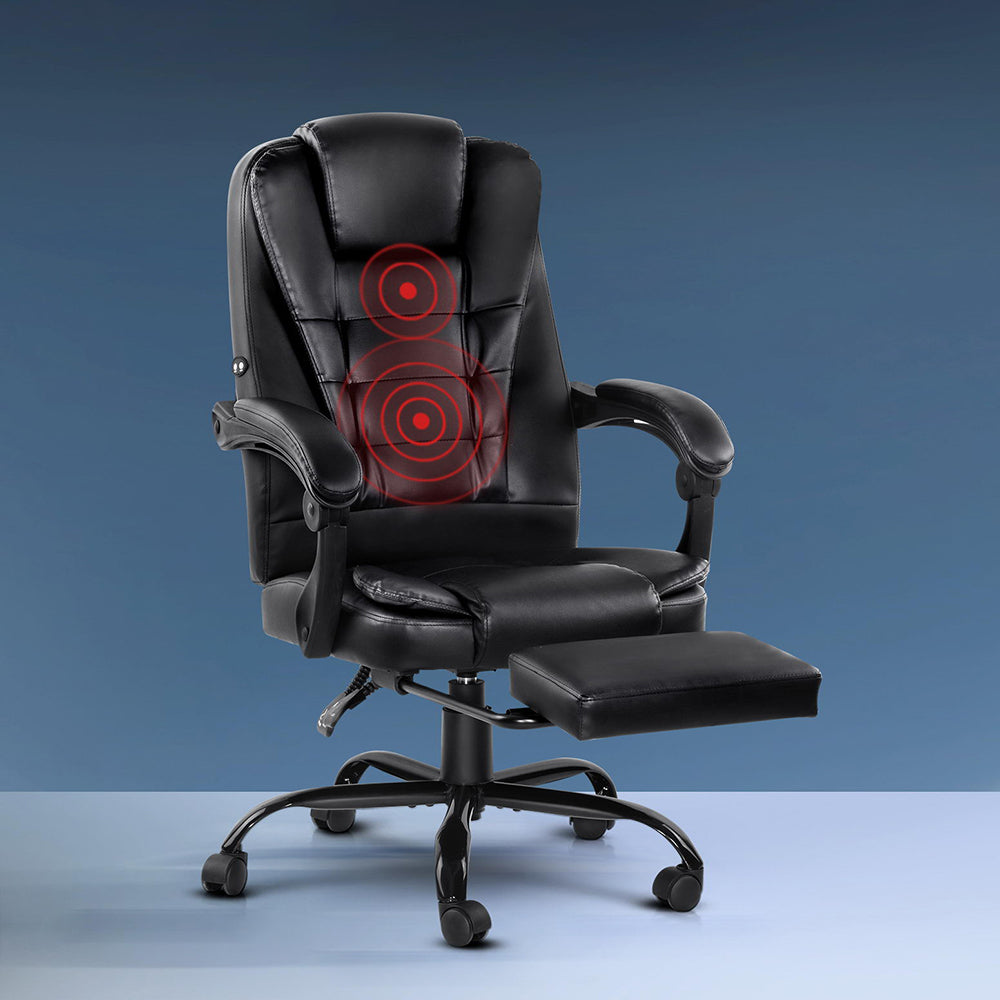 Artiss 2 Point Massage Office Chair PU Leather Footrest Black MOC-9MJ-2P-BK