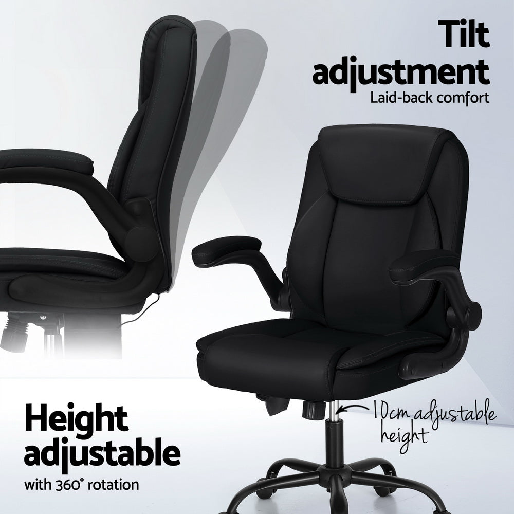 Artiss 2 Point Massage Office Chair Leather Mid Back Black MOC-C-FZ40-2P-BK